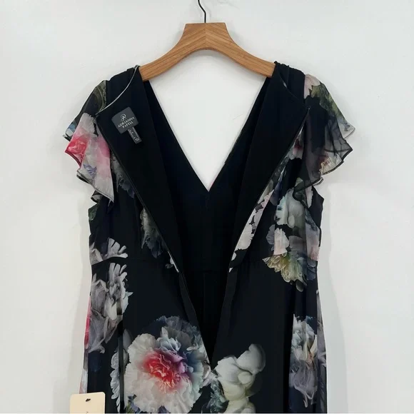 Adrianna Papell Floral Overlay Maxi Wide Leg Jumpsuit in Black Multi Size 16 - Picture 14 of 16